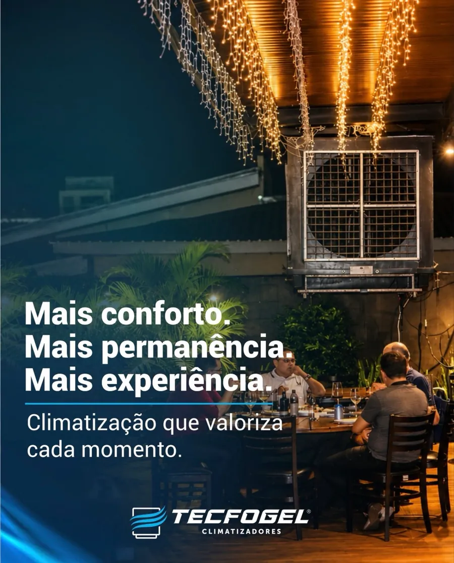Peça de social media da Tecfogel Climatizadores com o texto “Mais conforto. Mais permanência. Mais experiência.”